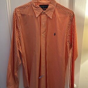 Men’s classic Ralph Lauren, button-down, orange, checkered size large.